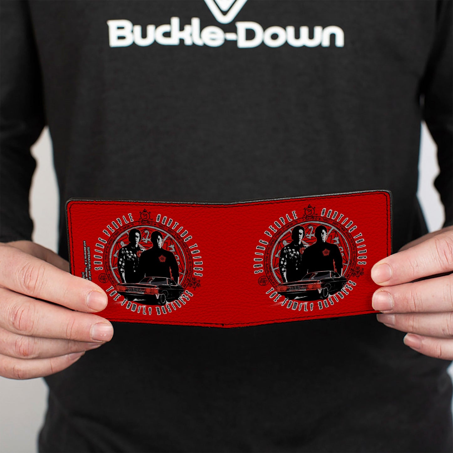 Bi-Fold Wallet - Supernatural Sam & Dean Pose Impala Symbols SAVING PEOPLE-HUNTING THINGS-THE FAMILY BUSINESS Red Grays Black