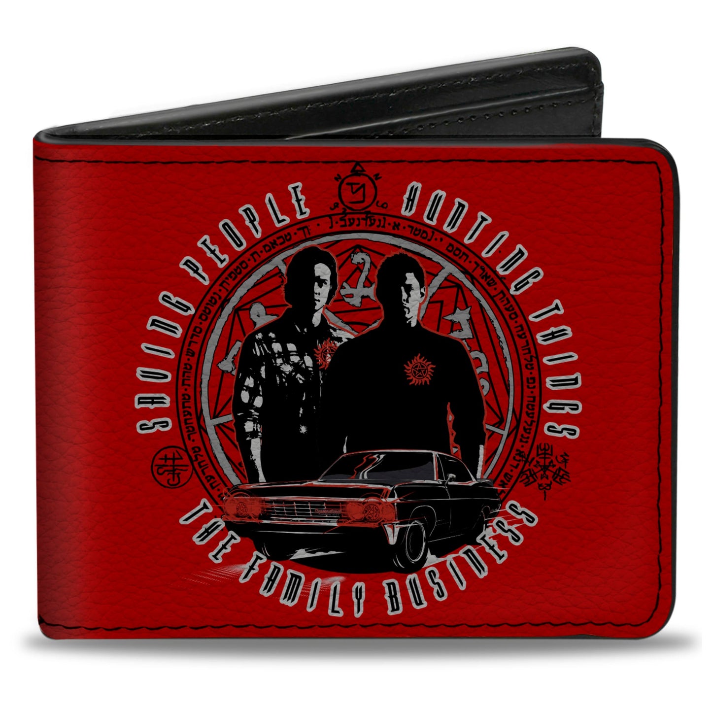 Bi-Fold Wallet - Supernatural Sam & Dean Pose Impala Symbols SAVING PEOPLE-HUNTING THINGS-THE FAMILY BUSINESS Red Grays Black