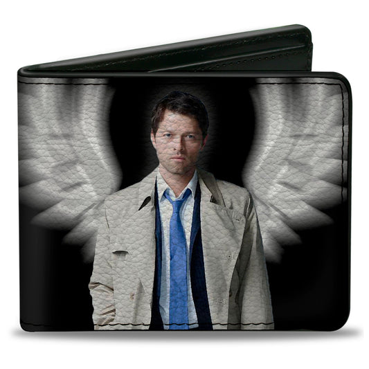 Bi-Fold Wallet - SUPERNATURAL Castiel Angel Wings Pose + Logo Black White