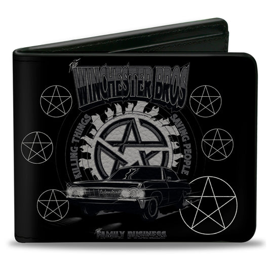 Bi-Fold Wallet - Supernatural THE WINCHESTER BROS Impala Pentagrams Scattered Black Grays White