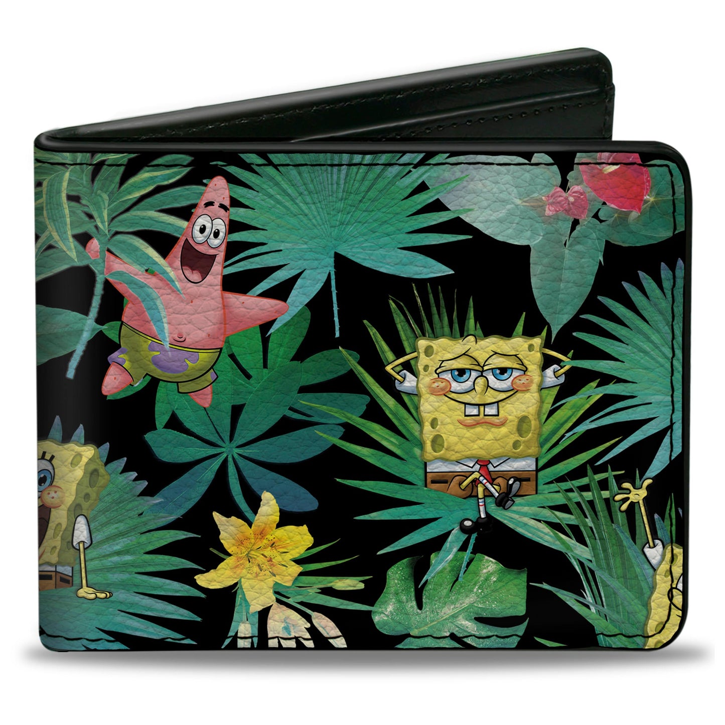 Bi-Fold Wallet - SpongeBob Squarepants and Patrick Starfish Tropical Fauna Collage Black