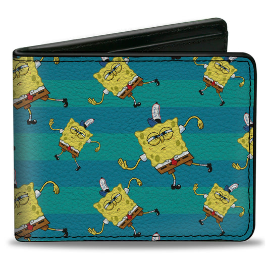 Bi-Fold Wallet - SpongeBob Dancing Pose Scattered Stripe Teal Blues