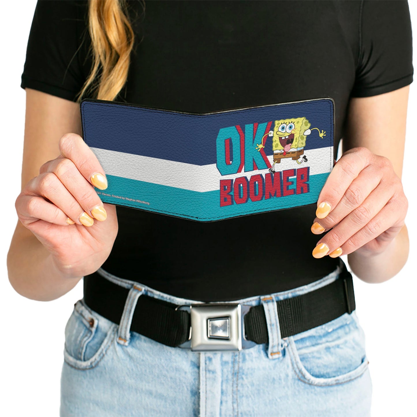 Bi-Fold Wallet - SpongeBob SquarePants OK BOOMER Tongue Out Pose Stripe Blues White