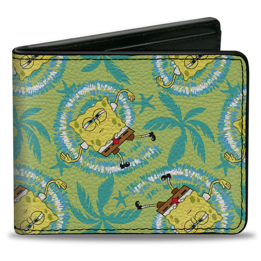 Bi-Fold Wallet - SpongeBob Wavy Noodle Arm Pose Tropical Tie Dye Green Blue White