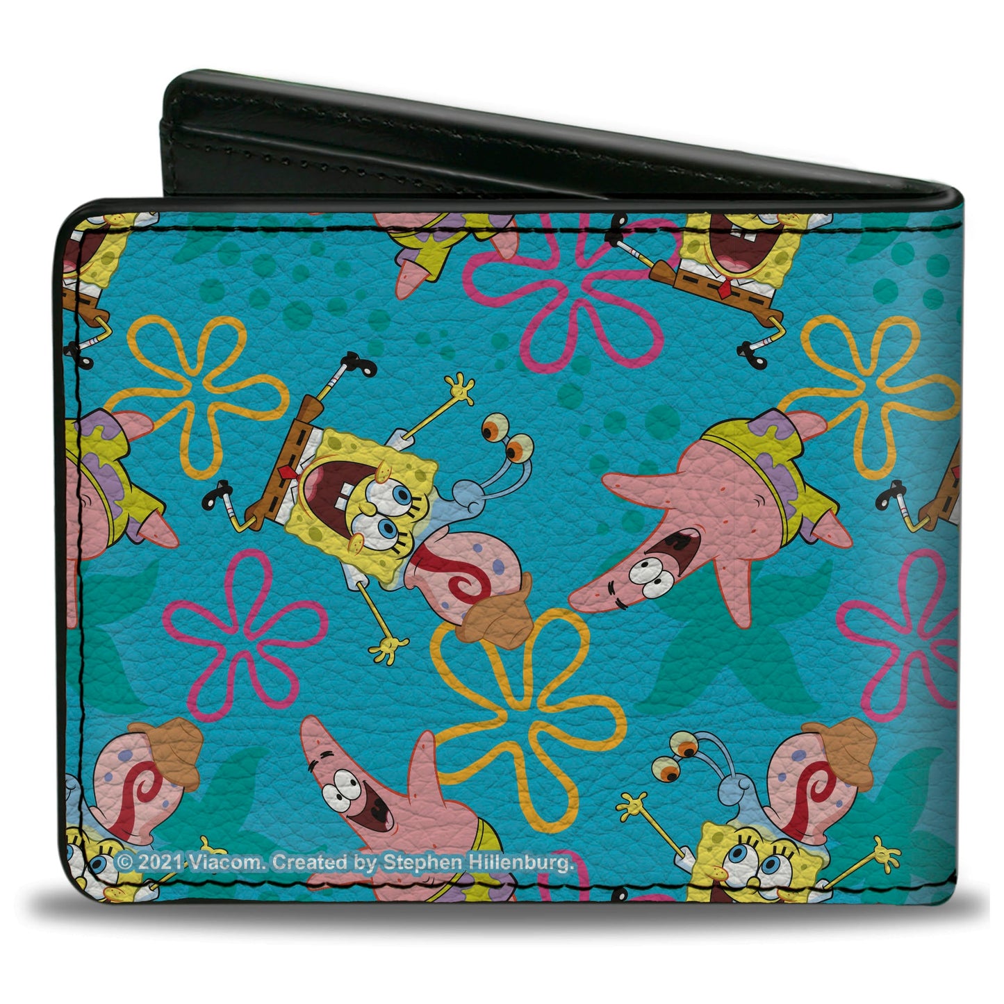 Bi-Fold Wallet - SpongeBob Patrick and Gary Joy Poses and Flowers Scattered Blue