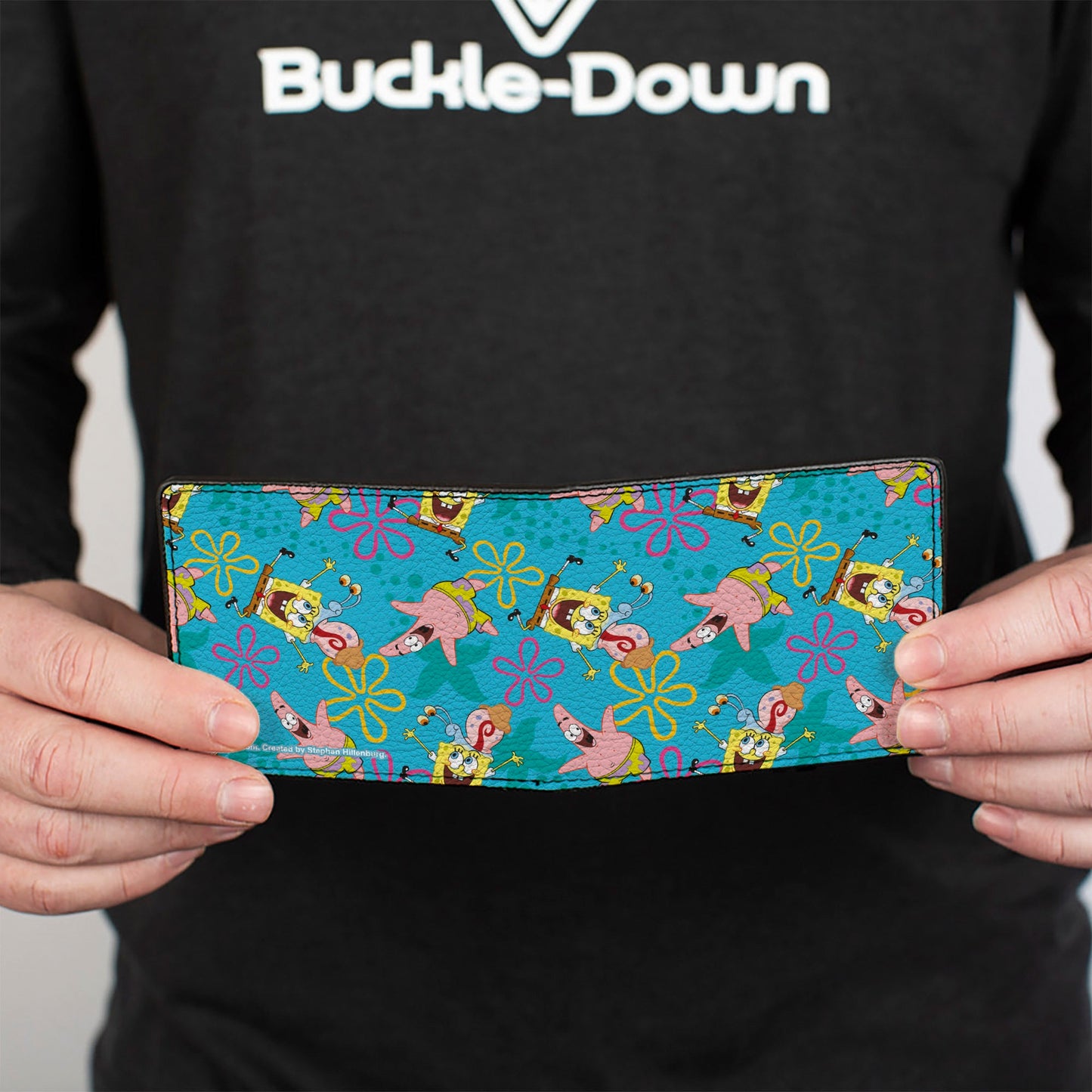 Bi-Fold Wallet - SpongeBob Patrick and Gary Joy Poses and Flowers Scattered Blue