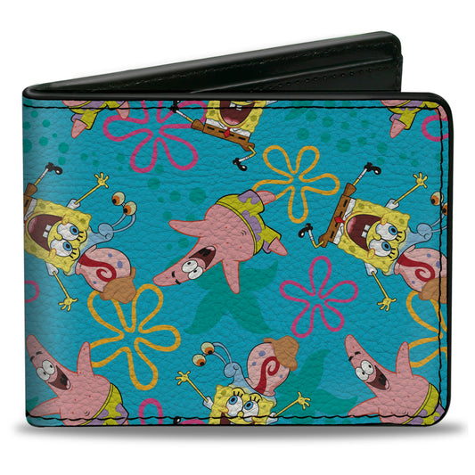 Bi-Fold Wallet - SpongeBob Patrick and Gary Joy Poses and Flowers Scattered Blue