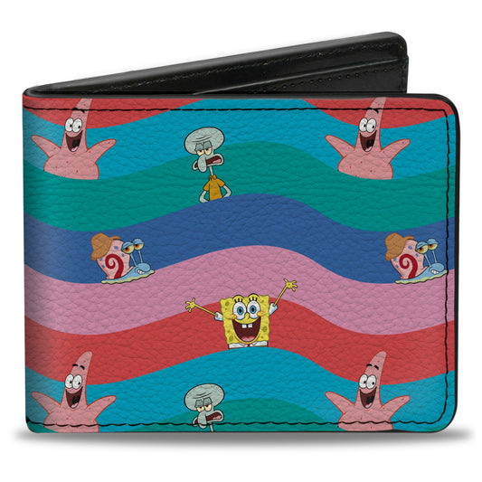 Bi-Fold Wallet - SpongeBob SquarePants and Friends Poses Wavy Stripe Blues Reds