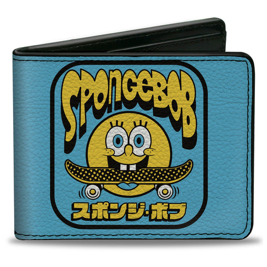 Bi-Fold Wallet - SpongeBob SquarePants Skateboard Smile Face and Japanese Text Blue/Black/Yellow