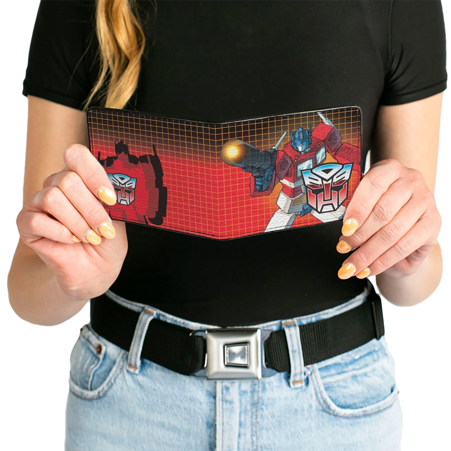 Bi-Fold Wallet - Transformers Optimus Prime Blaster Pose and Autobot Shield Grid Fade Reds