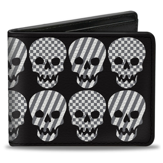Bi-Fold Wallet - Checker & Stripe Skulls Black White Gray