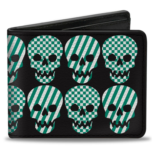 Bi-Fold Wallet - Checker & Stripe Skulls Black White Green
