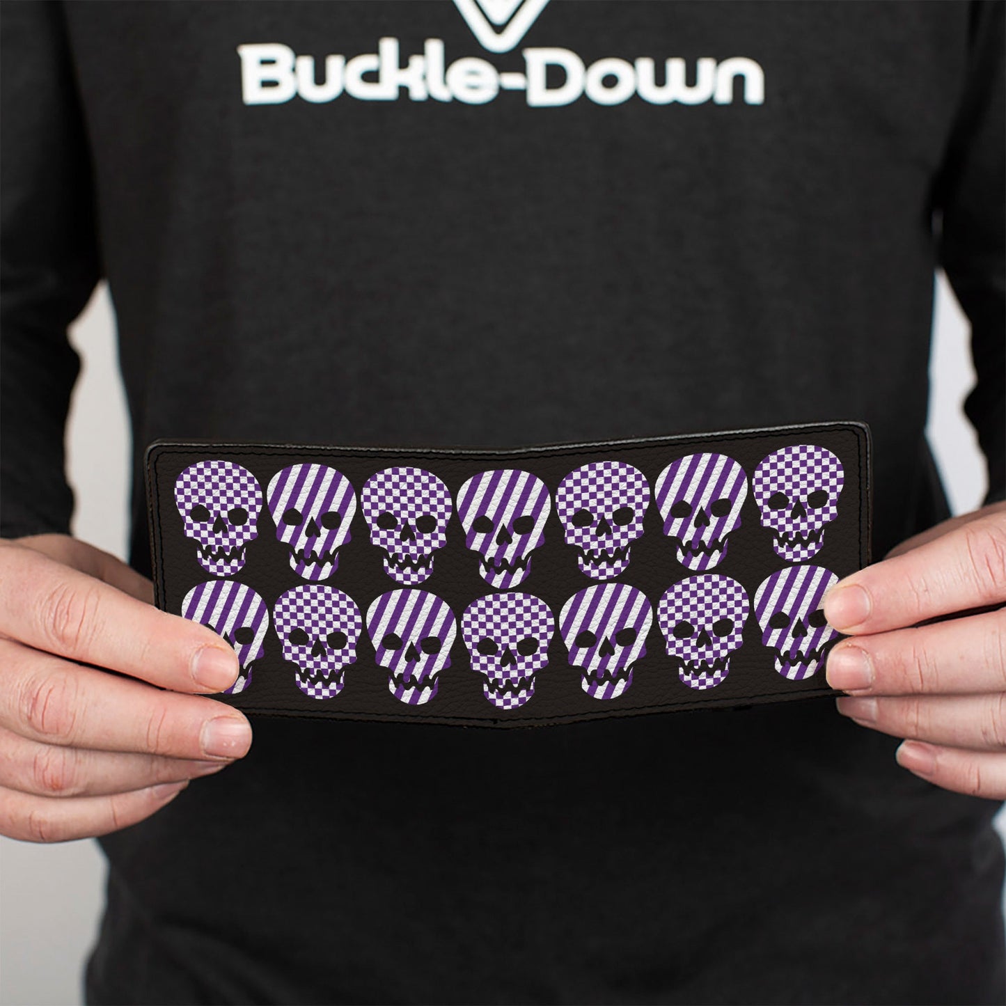 Bi-Fold Wallet - Checker & Stripe Skulls Black White Purple