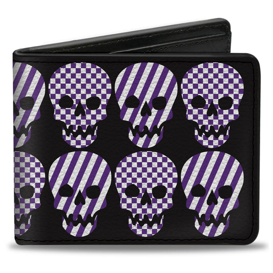 Bi-Fold Wallet - Checker & Stripe Skulls Black White Purple