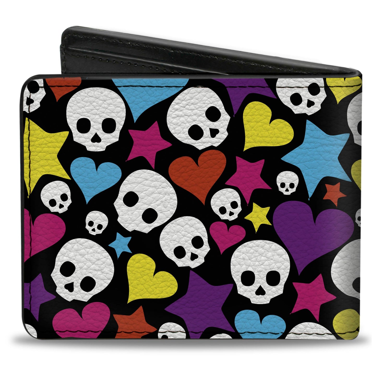 Bi-Fold Wallet - Funky Skulls Hearts & Stars Black Multi Color
