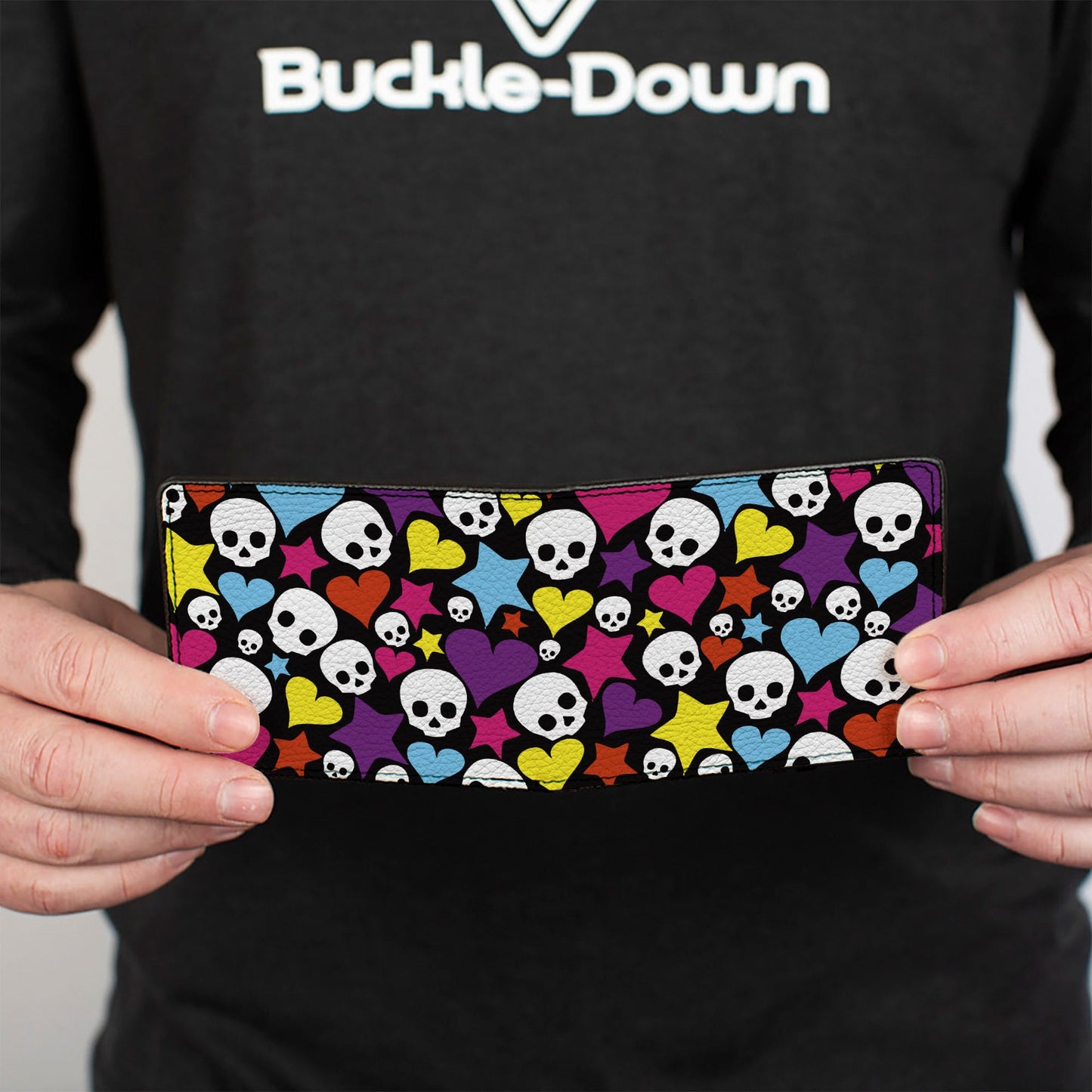 Bi-Fold Wallet - Funky Skulls Hearts & Stars Black Multi Color
