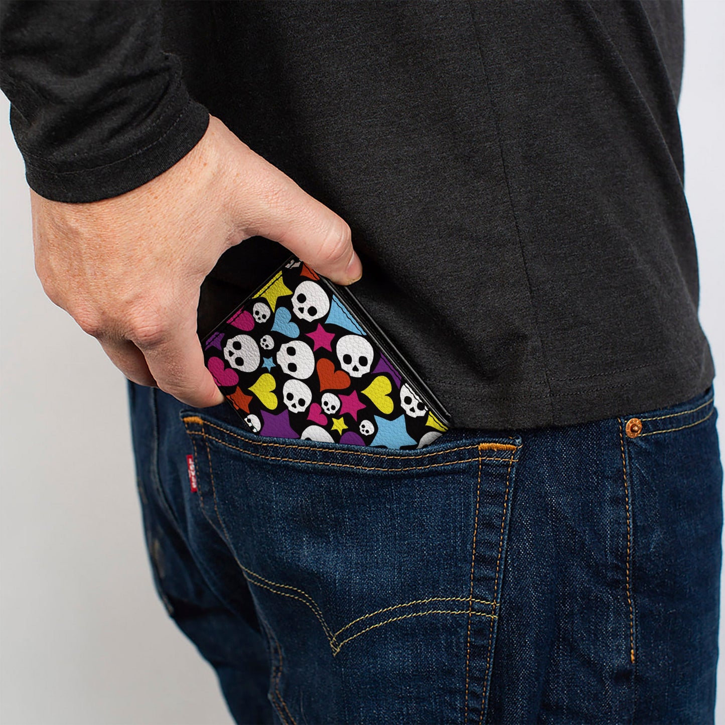 Bi-Fold Wallet - Funky Skulls Hearts & Stars Black Multi Color
