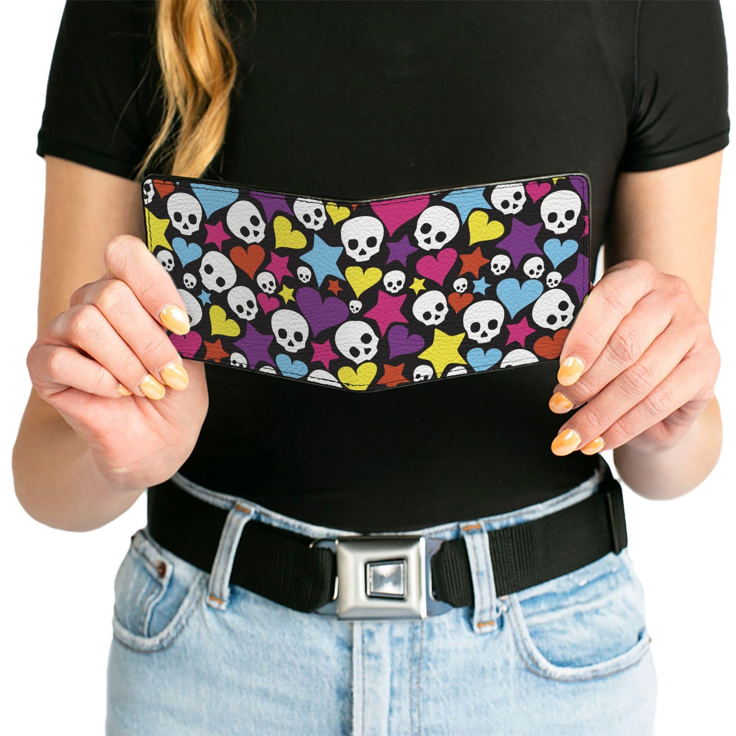 Bi-Fold Wallet - Funky Skulls Hearts & Stars Black Multi Color