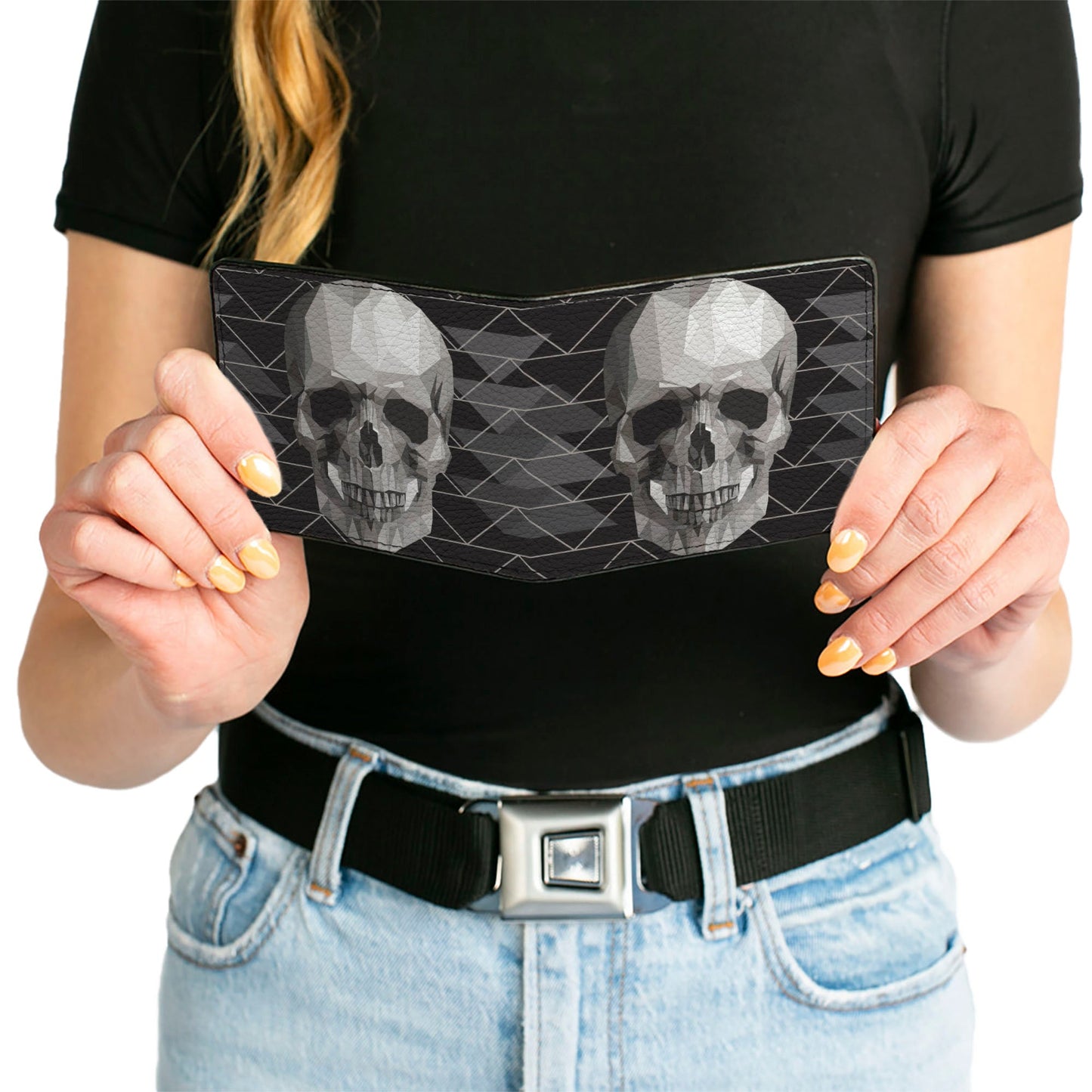 Bi-Fold Wallet - Geometric 3-D Skull Face Chevron Black Grays White