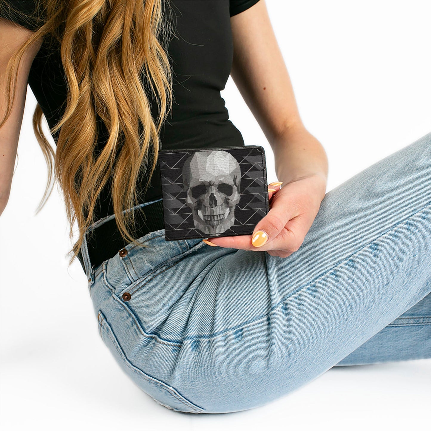 Bi-Fold Wallet - Geometric 3-D Skull Face Chevron Black Grays White