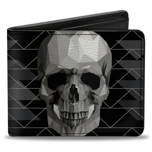 Bi-Fold Wallet - Geometric 3-D Skull Face Chevron Black Grays White