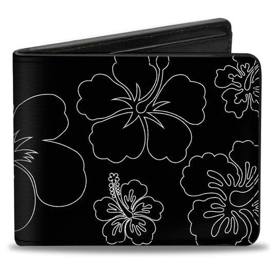 Bi-Fold Wallet - Hibiscus Outline Black White