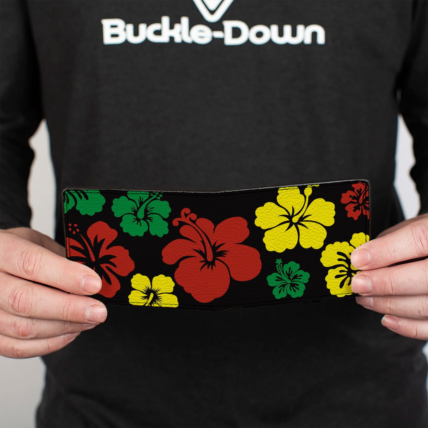 Bi-Fold Wallet - Hibiscus CLOSE-UP Black Green Yellow Red
