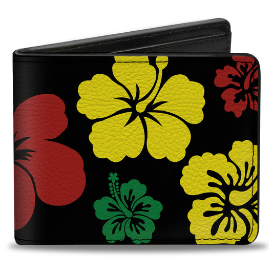 Bi-Fold Wallet - Hibiscus CLOSE-UP Black Green Yellow Red