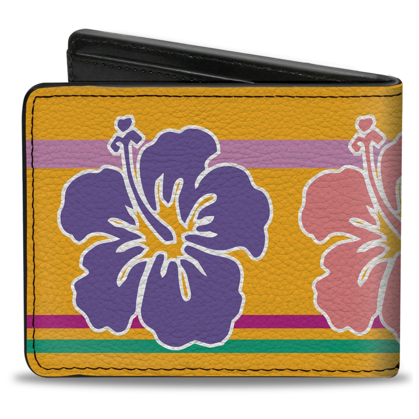 Bi-Fold Wallet - Hibiscus w Stripes Gold Multi Pastel