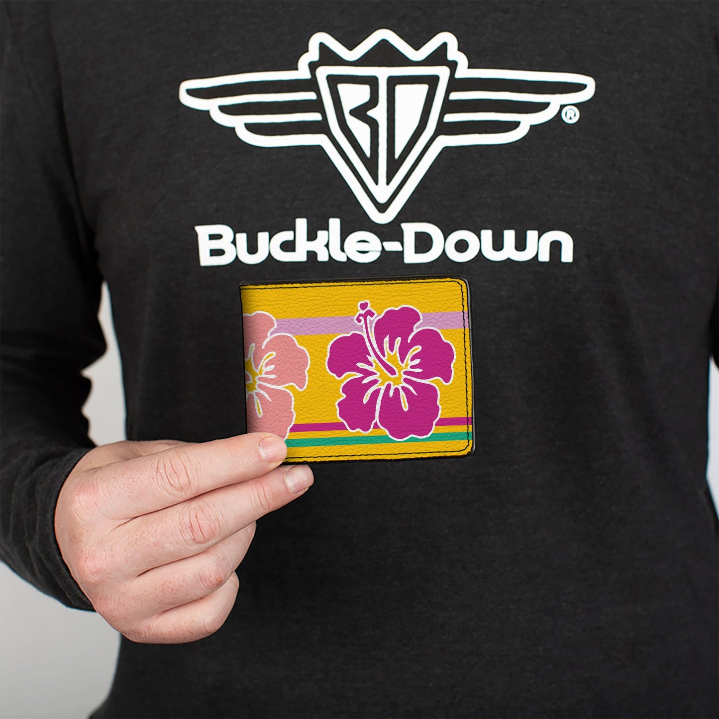 Bi-Fold Wallet - Hibiscus w Stripes Gold Multi Pastel