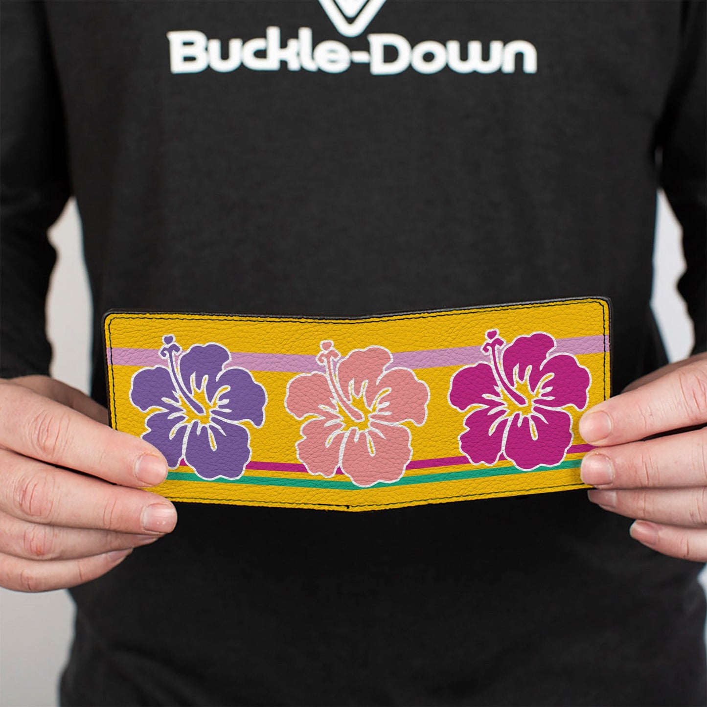 Bi-Fold Wallet - Hibiscus w Stripes Gold Multi Pastel