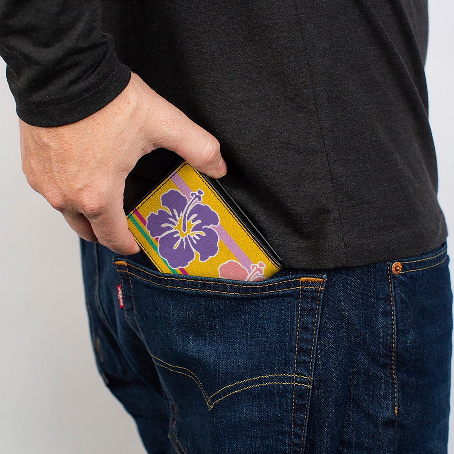 Bi-Fold Wallet - Hibiscus w Stripes Gold Multi Pastel