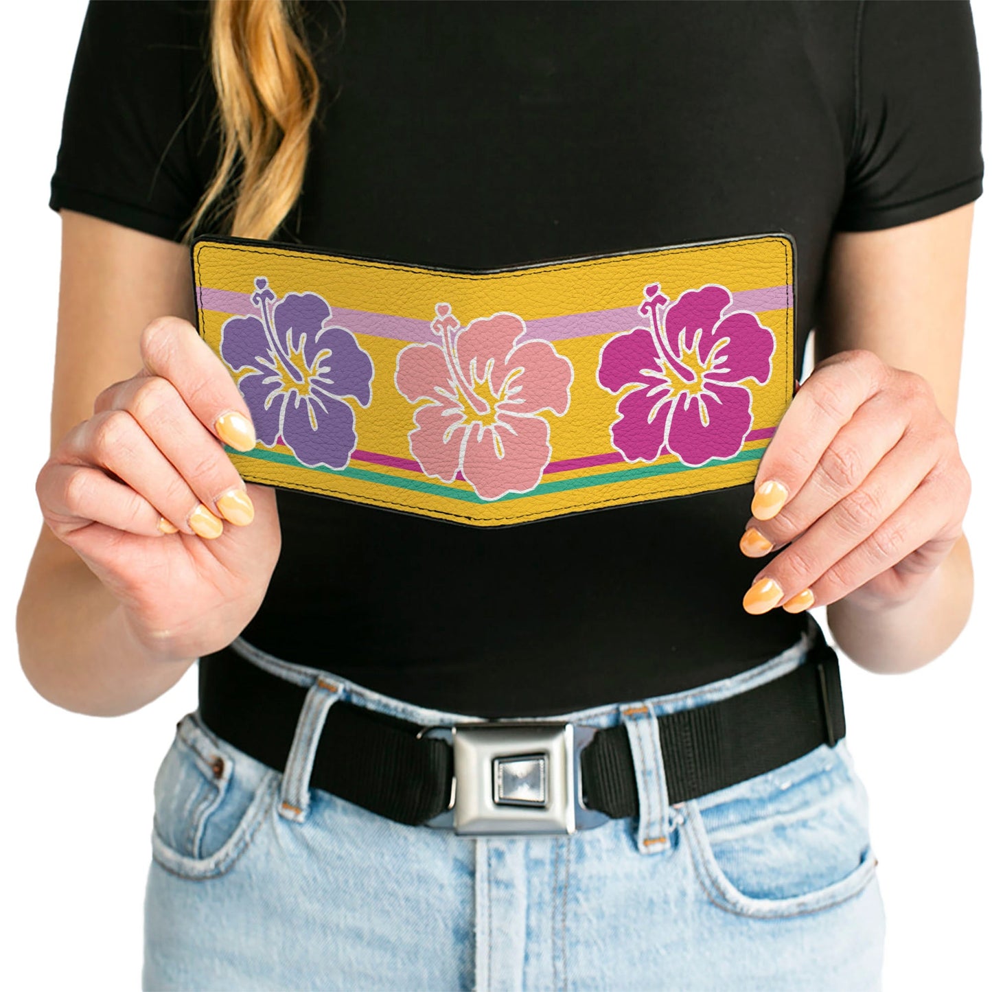Bi-Fold Wallet - Hibiscus w Stripes Gold Multi Pastel