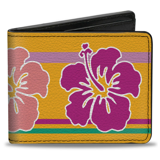 Bi-Fold Wallet - Hibiscus w Stripes Gold Multi Pastel