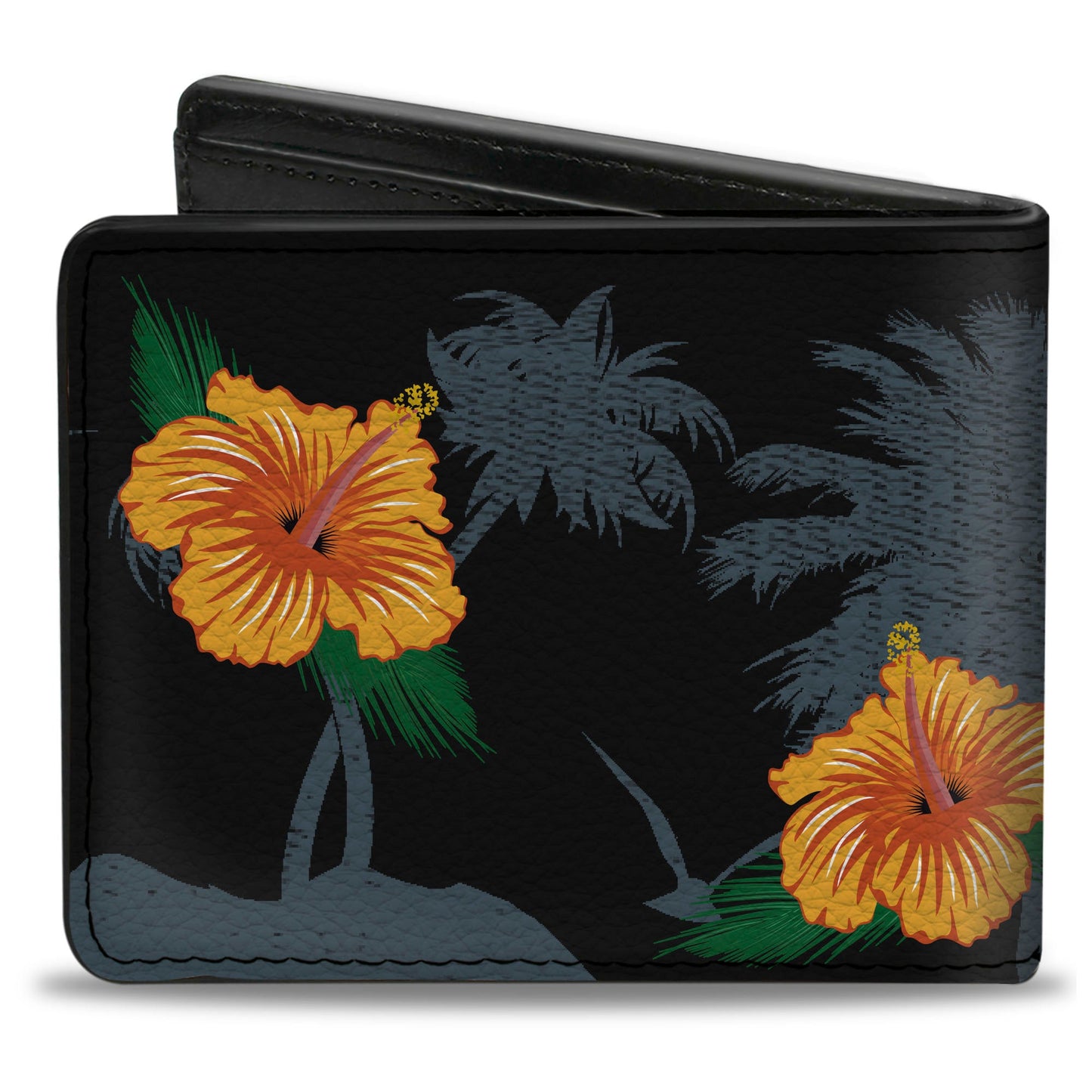 Bi-Fold Wallet - Hibiscus Flowers Palm Trees Black Green Orange