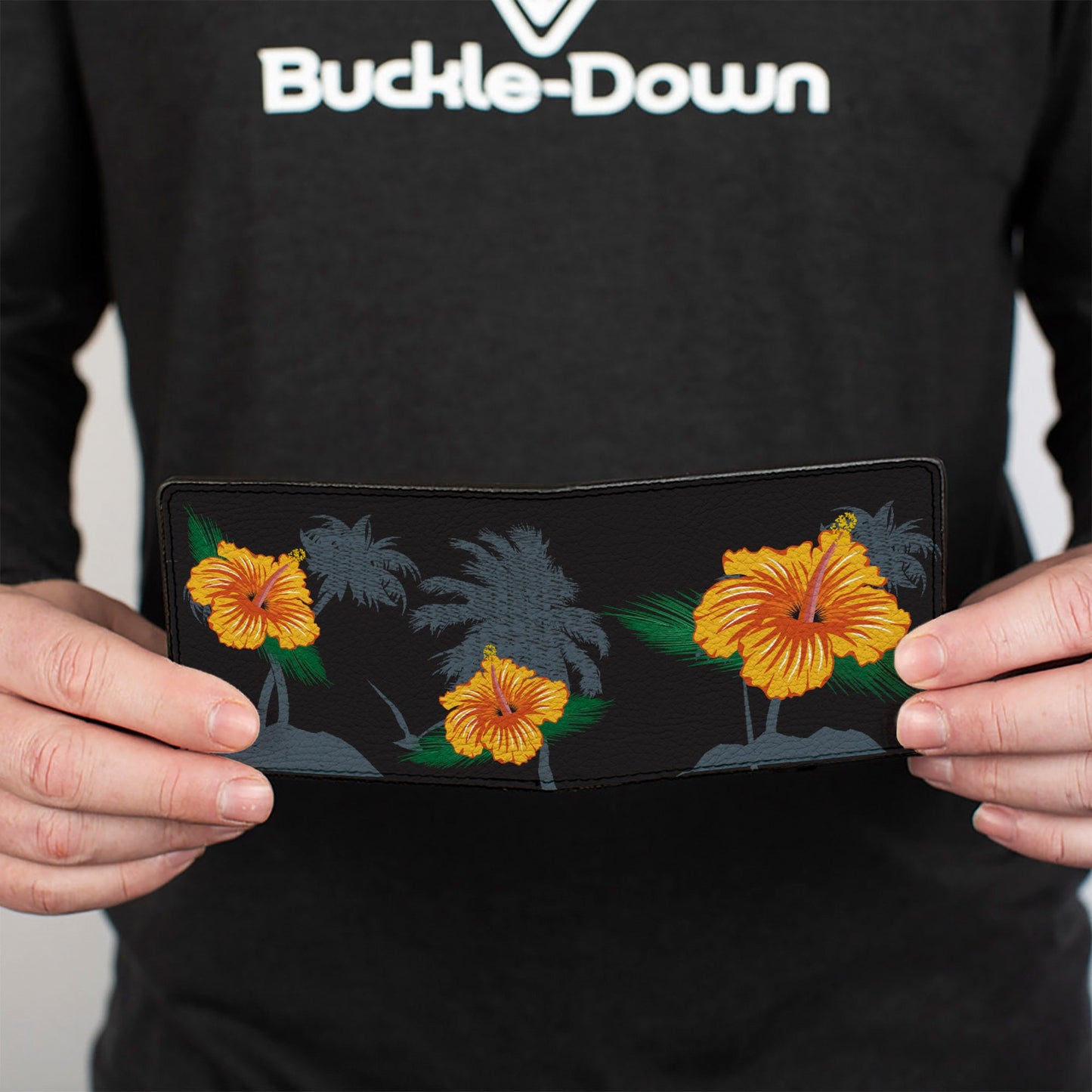 Bi-Fold Wallet - Hibiscus Flowers Palm Trees Black Green Orange
