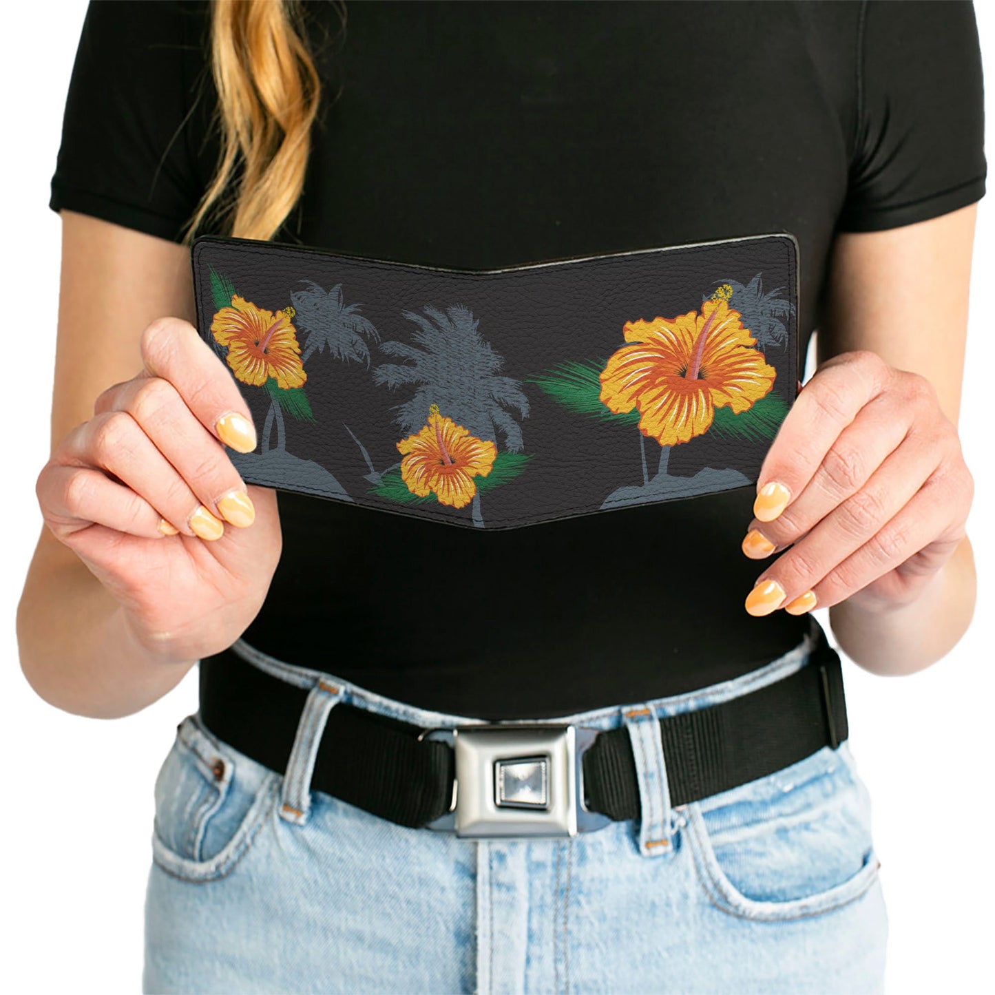 Bi-Fold Wallet - Hibiscus Flowers Palm Trees Black Green Orange