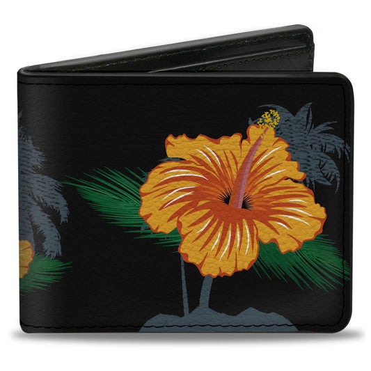 Bi-Fold Wallet - Hibiscus Flowers Palm Trees Black Green Orange