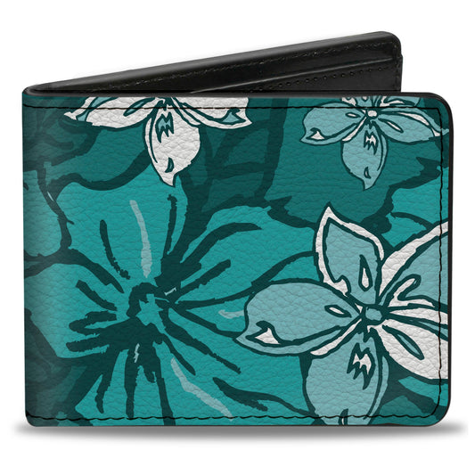 Bi-Fold Wallet - Hibiscus Collage Turquoise Shades