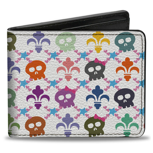 Bi-Fold Wallet - Skull & Fleur-de-Lis White Multi Color