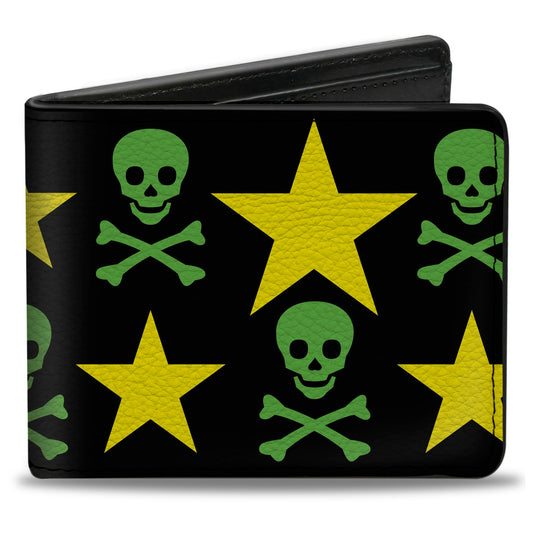 Bi-Fold Wallet - Skulls & Stars Black Green Yellow