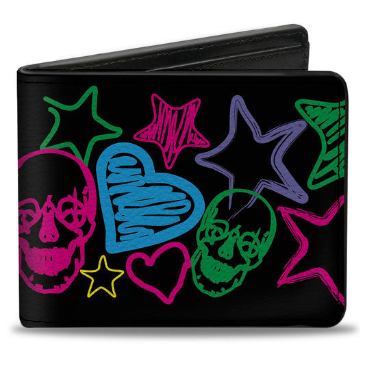 Bi-Fold Wallet - Sketch Skull Star Heart White Multi Color