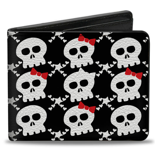 Bi-Fold Wallet - Skull w Bow Black White Red