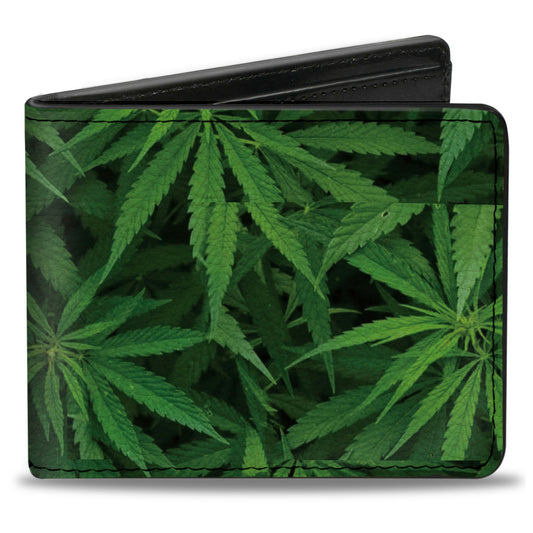 Bi-Fold Wallet - Vivid Marijuana Leaves Stacked3 Greens