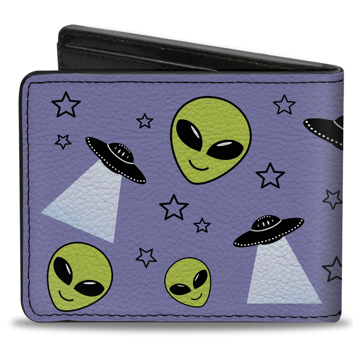 Bi-Fold Wallet - Alien Head Stars UFO's Scattered Lavender Black Green