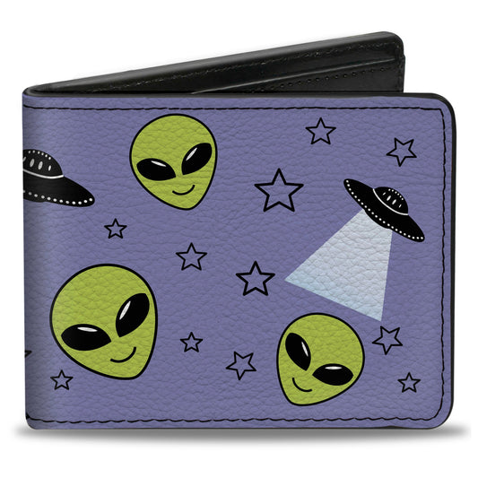Bi-Fold Wallet - Alien Head Stars UFO's Scattered Lavender Black Green