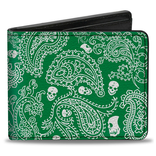 Bi-Fold Wallet - Bandana Skulls Irish Green White