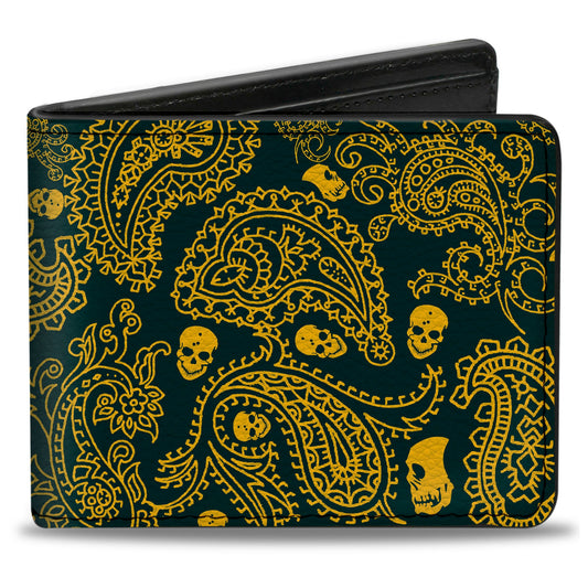 Bi-Fold Wallet - Bandana Skulls Green Gold