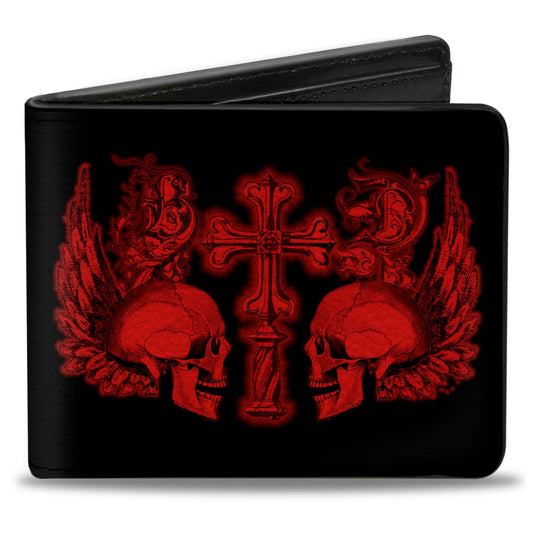 Bi-Fold Wallet - BD Skulls w Wings Black Red
