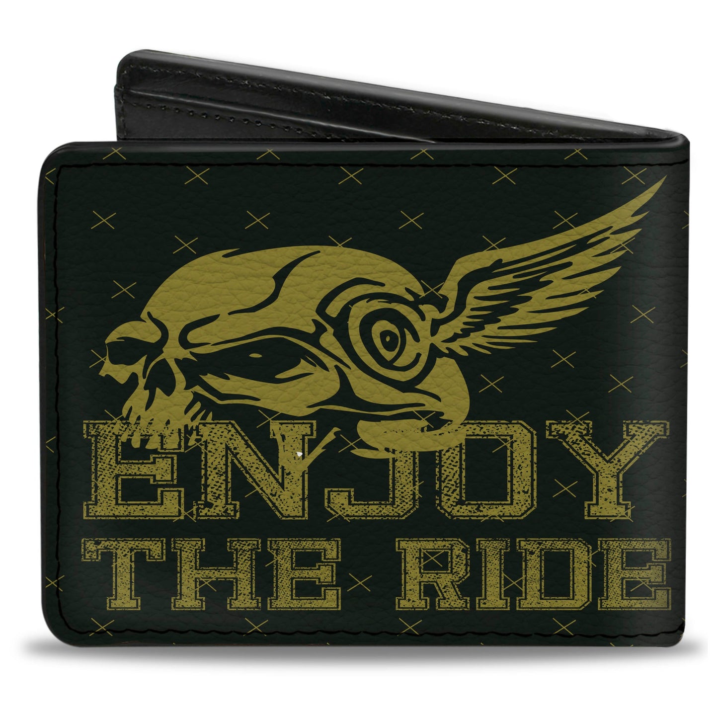 Bi-Fold Wallet - Buckle-Down Winged Skull ENJOY THE RIDE Olive Lime Green